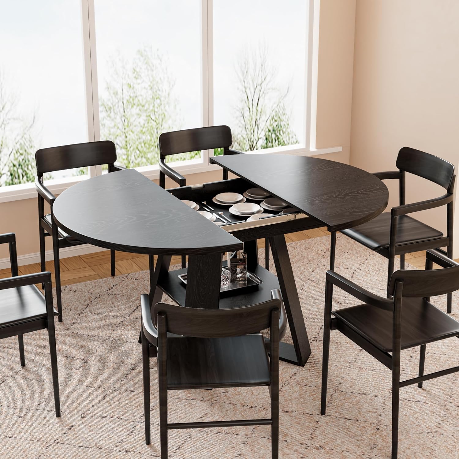 43.3in-59in Extendable Round Dining Table for 2-8,Modern Kitchen Oval Dining Table with Removable Leaves Space Saving,Wood Base with Storage Shelf for Kitchen Living Room (Black Style 3)