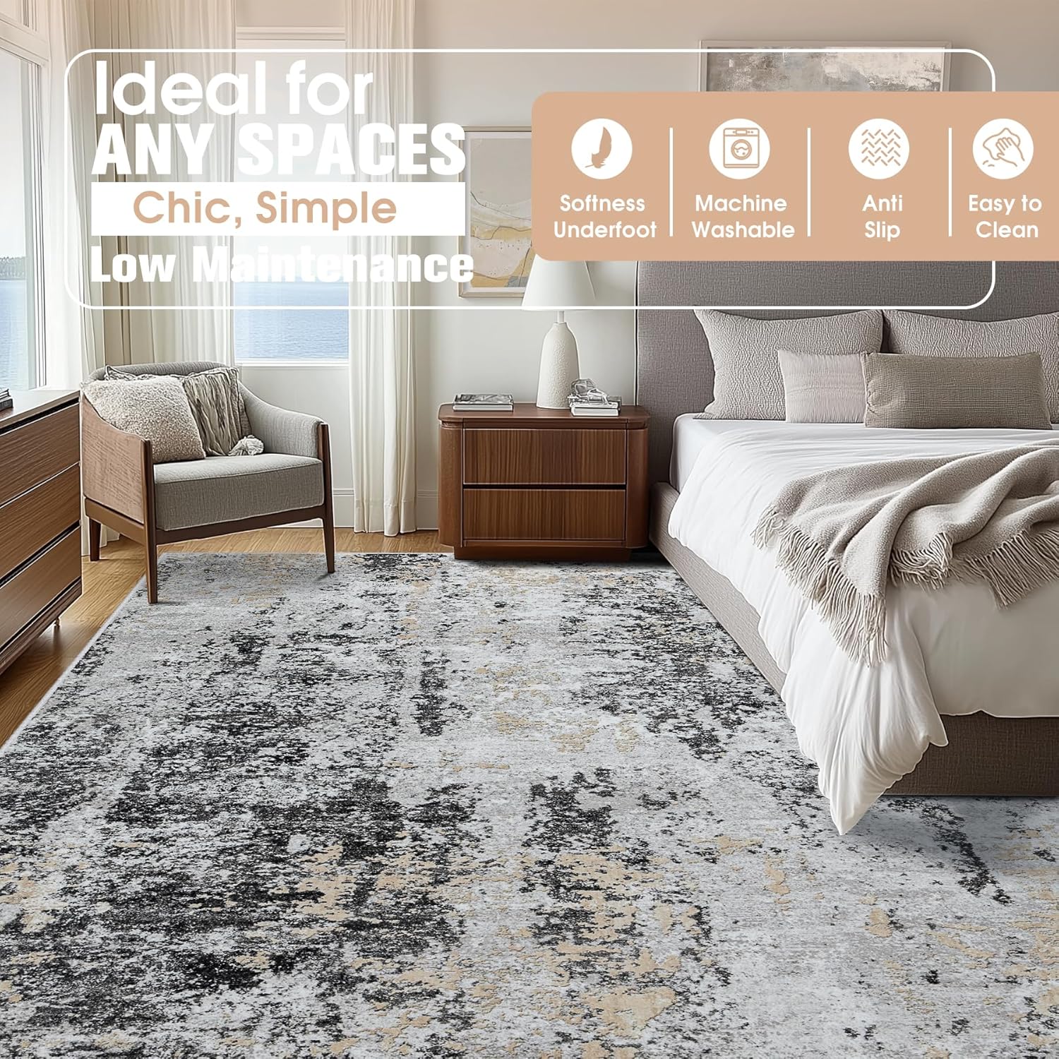 9x12 Area Rugs for Living Room Rug Washable: Abstract Large Rug for Dining Room Bedroom Carpet Non Slip 9 by 12 Indoor Modern Nursery Home Office Black Grey Gold