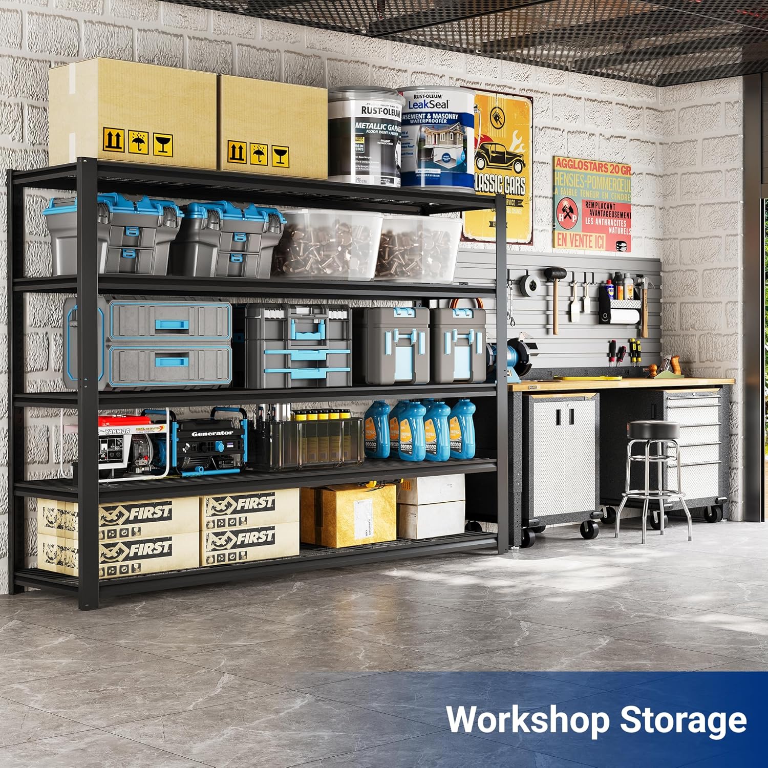 FLEXIMOUNTS 60" W Garage Shelving, 5 Tier Storage Shelves Load 1500LBS, Adjustable Garage Shelving Heavy Duty, Metal Shelves Unit for Basement, Warehouse, 60" W x 72" H x 24" D, Black
