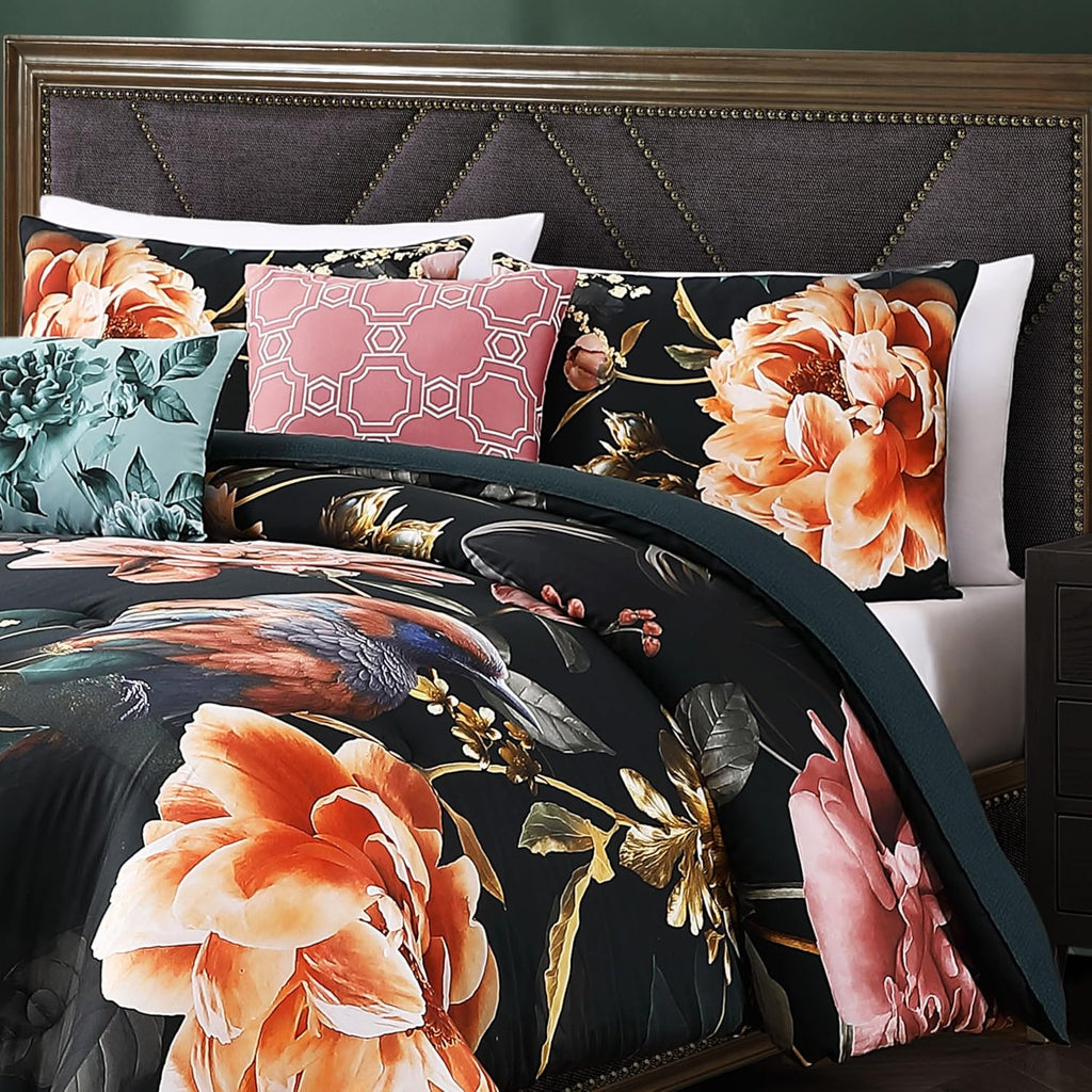 Bebejan Botanical Birds 5 Piece Comforter Set, 100% Cotton Sateen, 220 Thread Count, Black Reversible Bedding Comforter Set, 1 Comforter, 2 Shams & 2 Pillows (King/Cal King)