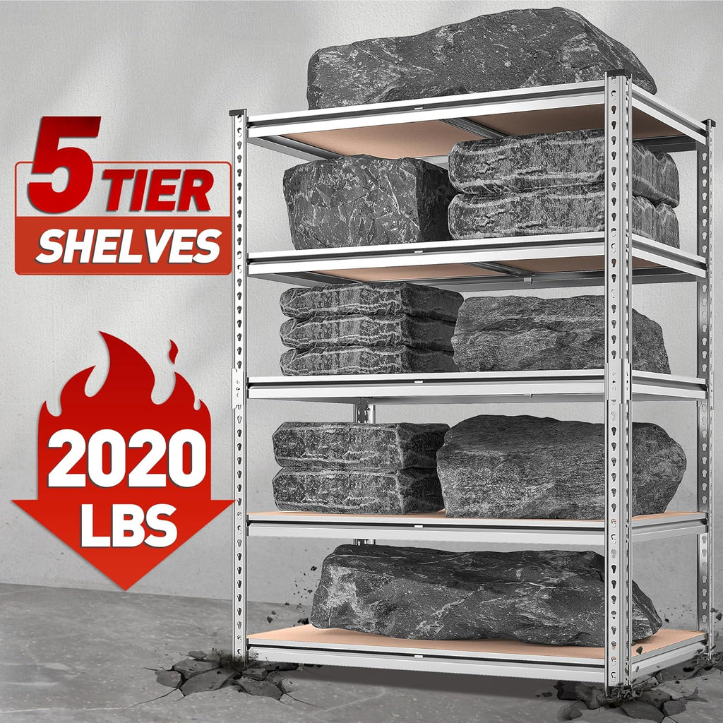 REIBII 2020LBS Garage Shelving Heavy Duty 5 Tier Storage Shelves Adjustable Metal Shelving for Basement, Warehouse, Pantry, Closet, Kitchen, Easy Assembly, 72" H x 35.55" W x 16" D, Galvanized