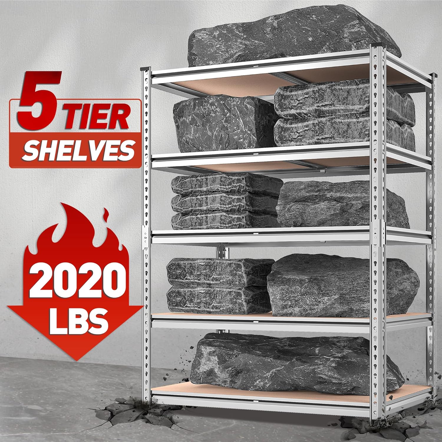 REIBII 2020LBS Garage Shelving Heavy Duty 5 Tier Storage Shelves Adjustable Metal Shelving for Basement, Warehouse, Pantry, Closet, Kitchen, Easy Assembly, 72" H x 35.55" W x 16" D, Galvanized