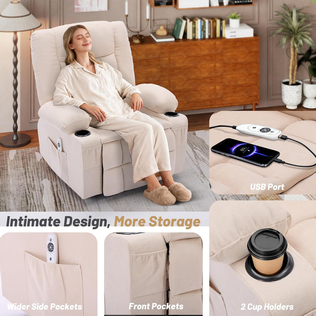 Rocker Recliner Chair with Massage and Heat, Nursery Rocking Chairs for Living Room, Ergonomic Comfy Relining Chair with Cup Holders, USB Charge Port, Side Pockets, Recliner Chair for Adults, Beige
