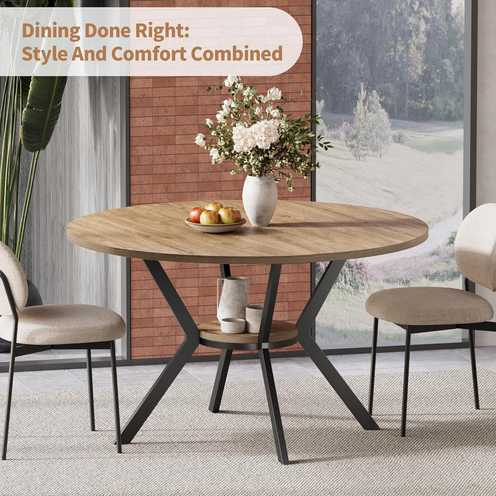 MECHYIN 42 Inch Round Dining Table for 2–4, Farmhouse Round Kitchen Table with Storage Shelf, Pedestal Dining Table, Wood Top & Metal Base, Small Space Table for Apartment, Dining Room