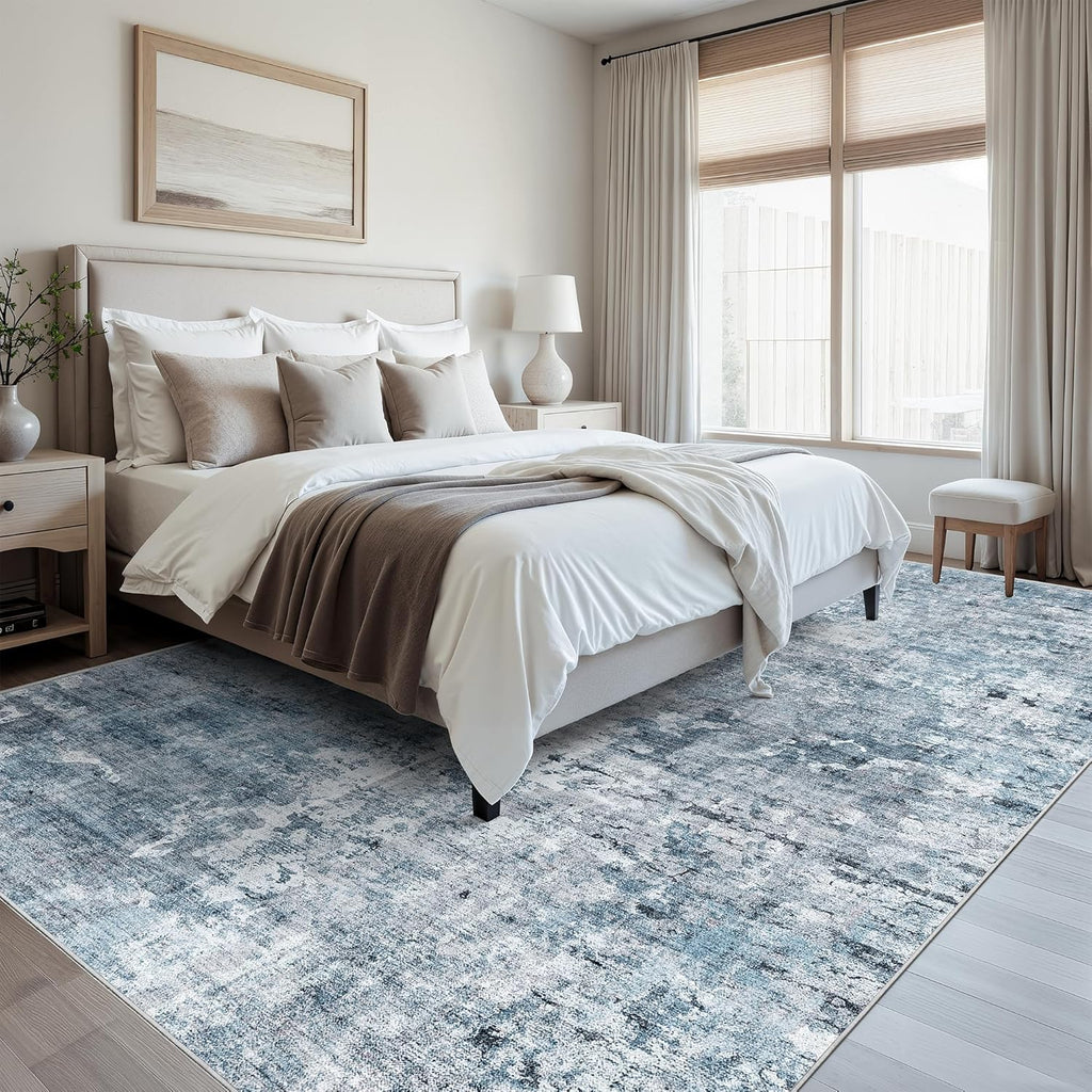 Soalmost 9x12 Area Rugs for Living Room, Abstract Non Slip Machine Washable Vintage Rugs, Low Pile Lightweight Large Rug for Bedroom, Dining Room, Home Office Blue