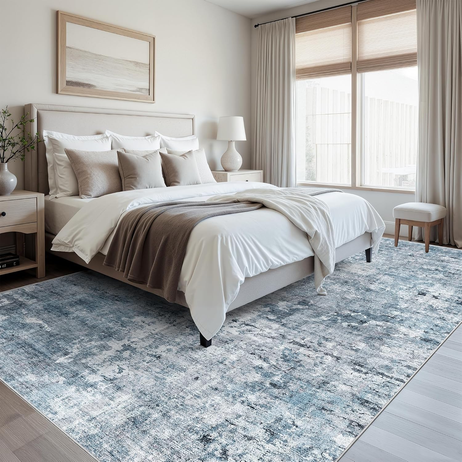 Soalmost 9x12 Area Rugs for Living Room, Abstract Non Slip Machine Washable Vintage Rugs, Low Pile Lightweight Large Rug for Bedroom, Dining Room, Home Office Blue