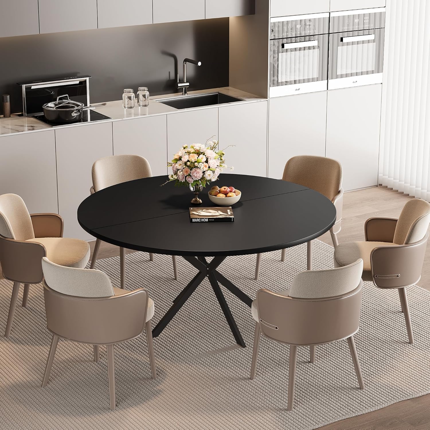 47.24" Round Dining Table, Modern Dining Room Table for 4-6 Person, Wood Round Kitchen Table with Metal Legs, Round Coffee Table for Home Dining Room Living Room (Black)