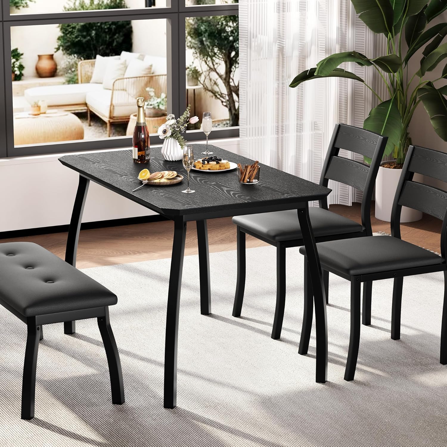 IDEALHOUSE 43'' Dining Table Set for 4, Wooden Kitchen Table with Upholstered Bench & 2 Cushion Chairs, Industrial Dinette Set for Studio, Kitchen, Dining Room, Apartment, Black