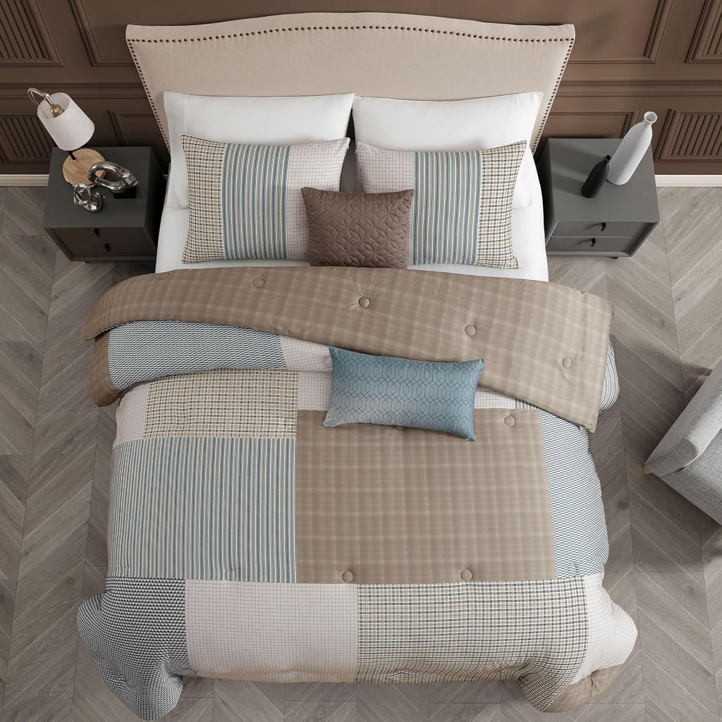 Bebejan Tranquil Patch 5 Piece Comforter Set, 100% Cotton Sateen, 220 Thread Count, Blue Reversible Bedding Comforter Set, 1 Comforter, 2 Shams & 2 Pillows (King/Cal King)