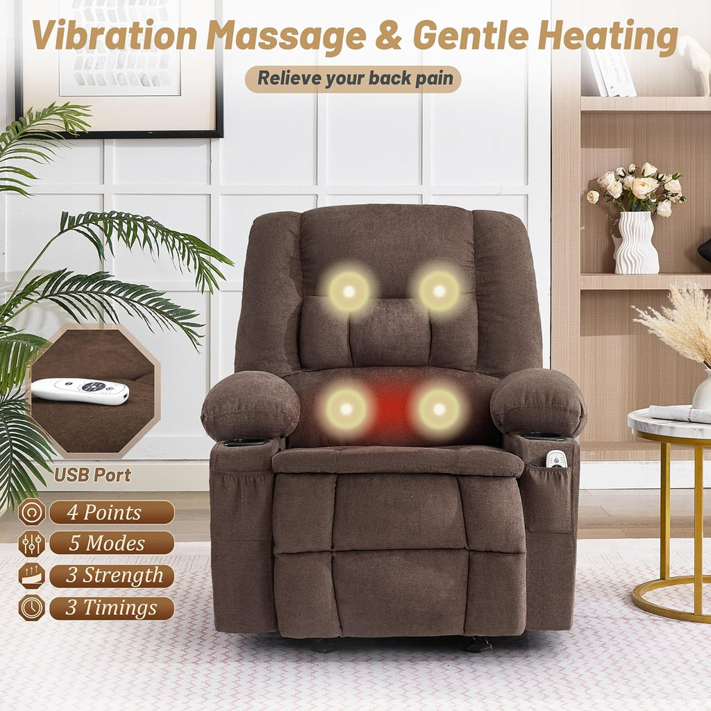 Rocker Recliner Chair with Massage and Heat, Nursery Rocking Chairs for Living Room, Ergonomic Comfy Relining Chair with Cup Holders, USB Charge Port, Side Pockets, Recliner Sofa, Brown