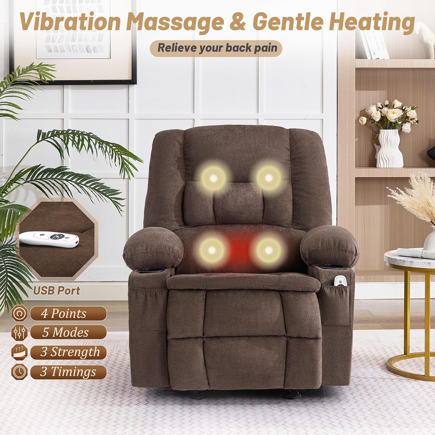 Rocker Recliner Chair with Massage and Heat, Nursery Rocking Chairs for Living Room, Ergonomic Comfy Relining Chair with Cup Holders, USB Charge Port, Side Pockets, Recliner Sofa, Brown