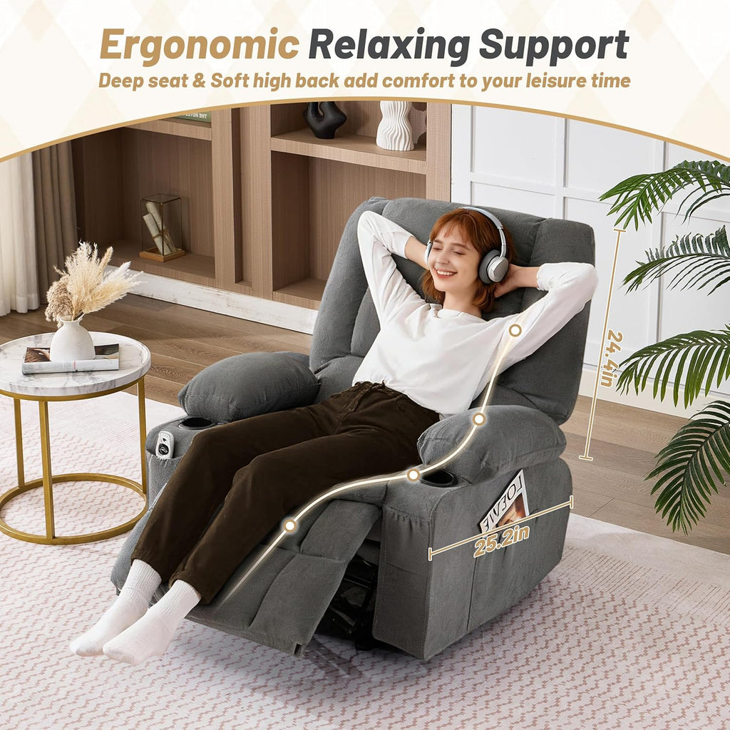Rocker Recliner Chair with Massage and Heat, Recliner Chair for Adults, Nursery Rocking Chairs for Living Room, Ergonomic Comfy Relining Chair with Cup Holders, USB Charge Port, Side Pockets, Grey