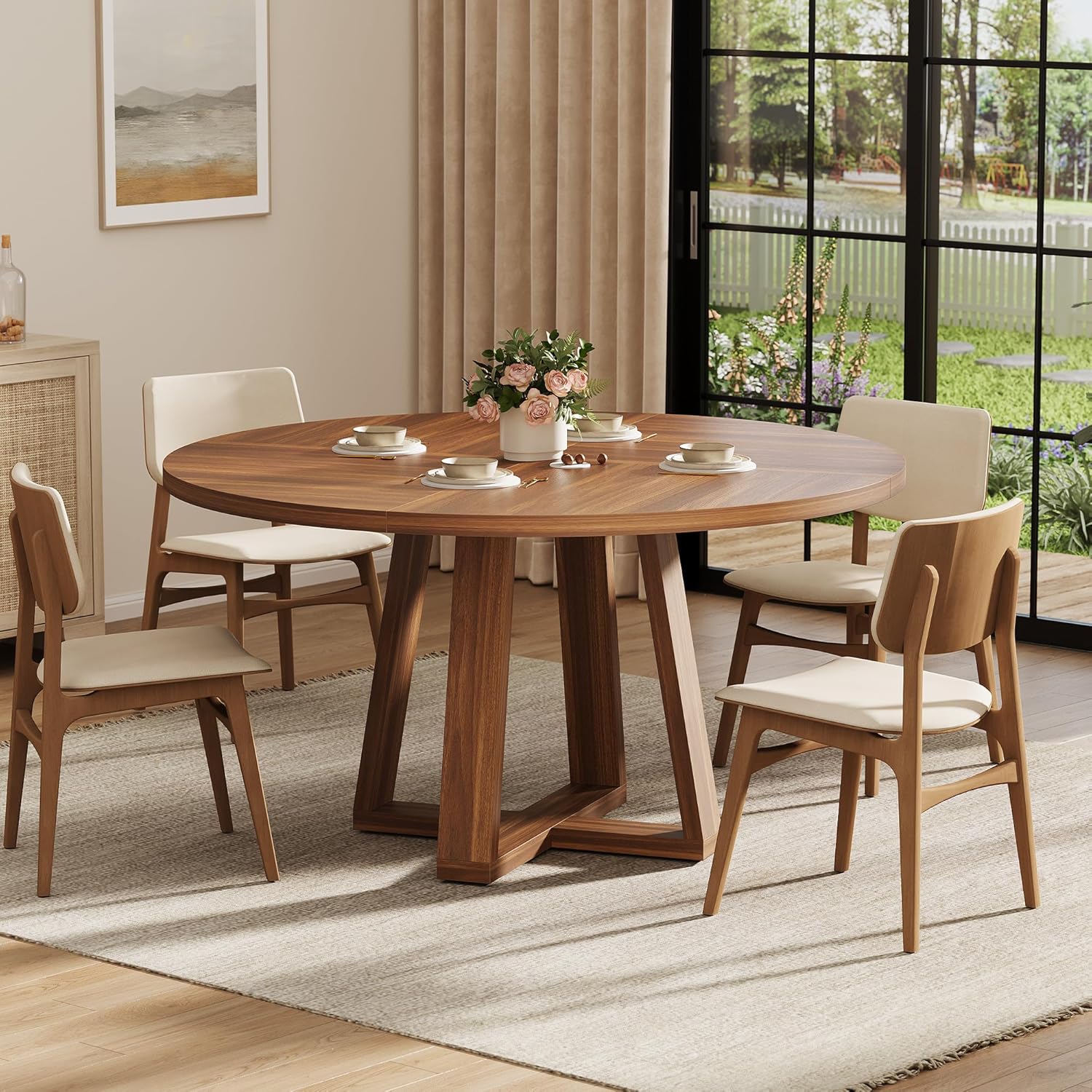 Garvee Round Dining Table for 4-6 People, 47" Modern Circle Dinner Table with Wooden Cross Pedestal Base for Living Room, Kitchen, Walnut Brown