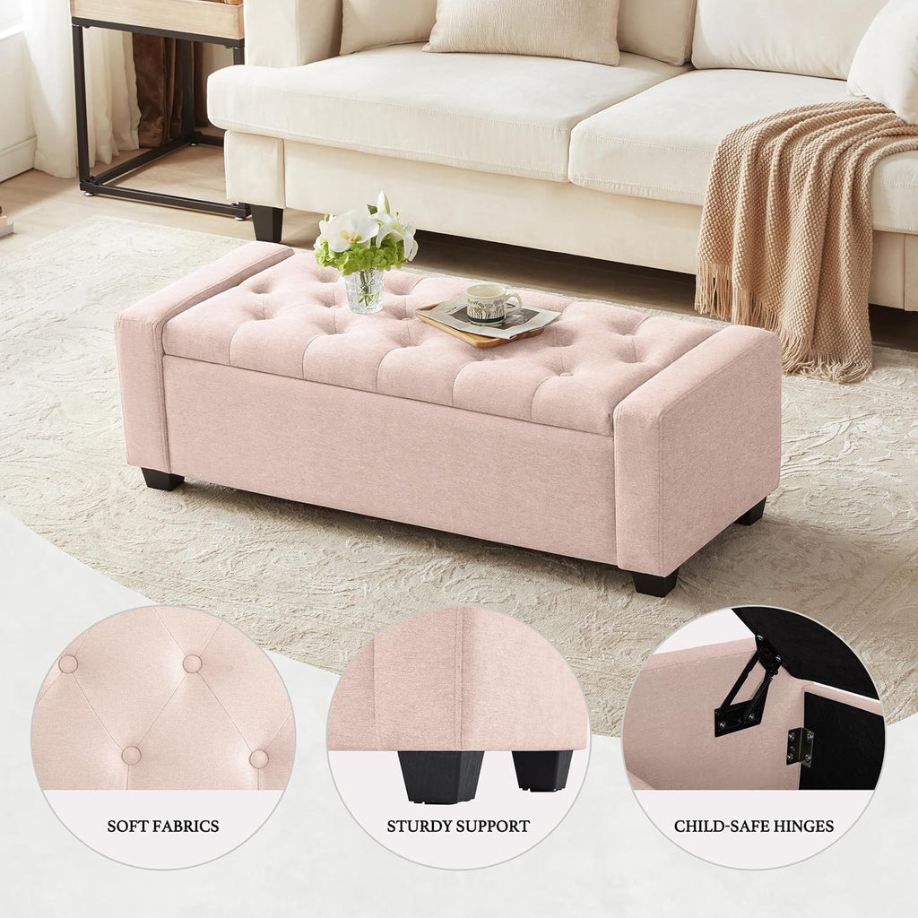 Huatean Home 48" Ottoman with Storage, Pink Storage Ottoman Bench with Safety Hinge, Upholstered Entryway Bench with Seating for Bedroom, Living Room, Holds up to 330 lb