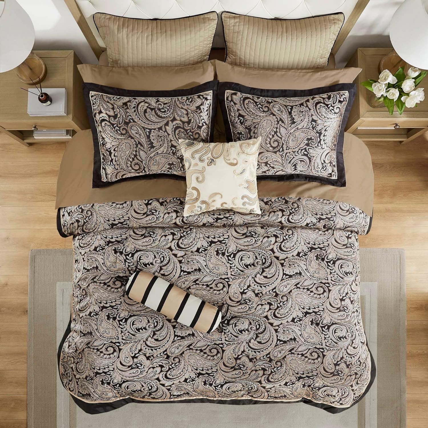 Madison Park Aubrey Cozy Comforter Set, Faux Silk Jacquard Paisley Design - All Season Down Alternative Bedding with Cotton Bed Sheets, Bed Skirt & Toss Pillows, Queen Black 12 Piece