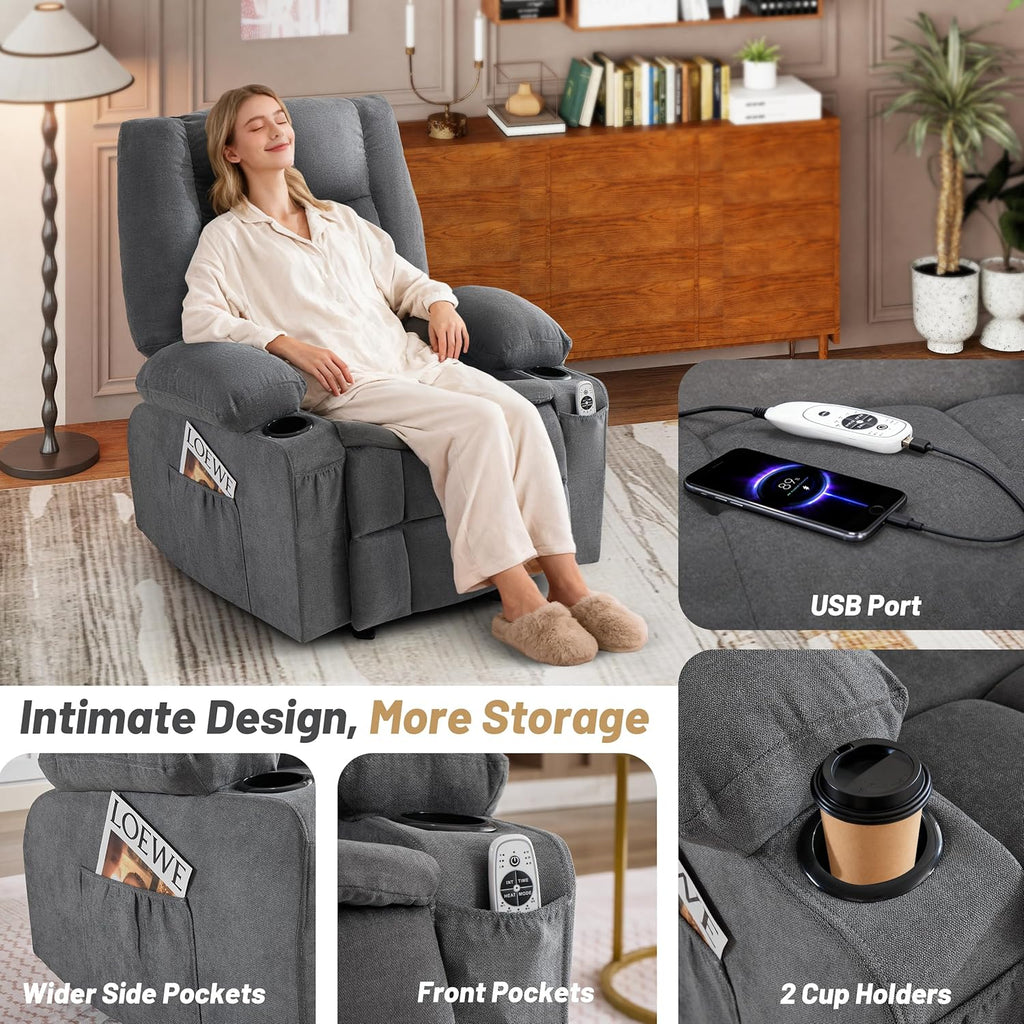 Rocker Recliner Chair with Massage and Heat, Recliner Chair for Adults, Nursery Rocking Chairs for Living Room, Ergonomic Comfy Relining Chair with Cup Holders, USB Charge Port, Side Pockets, Grey