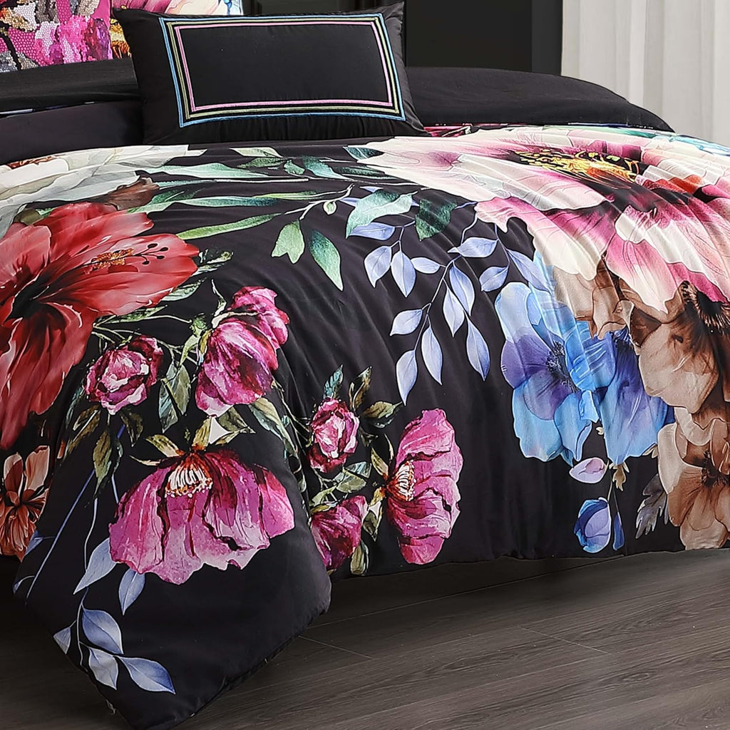 Bebejan Black Night Poppies 5 Piece Comforter Set, 100% Cotton Sateen, 220 Thread Count, Reversible Bedding Comforter Set, 1 Comforter, 2 Shams & 2 Pillows (King/Cal King)