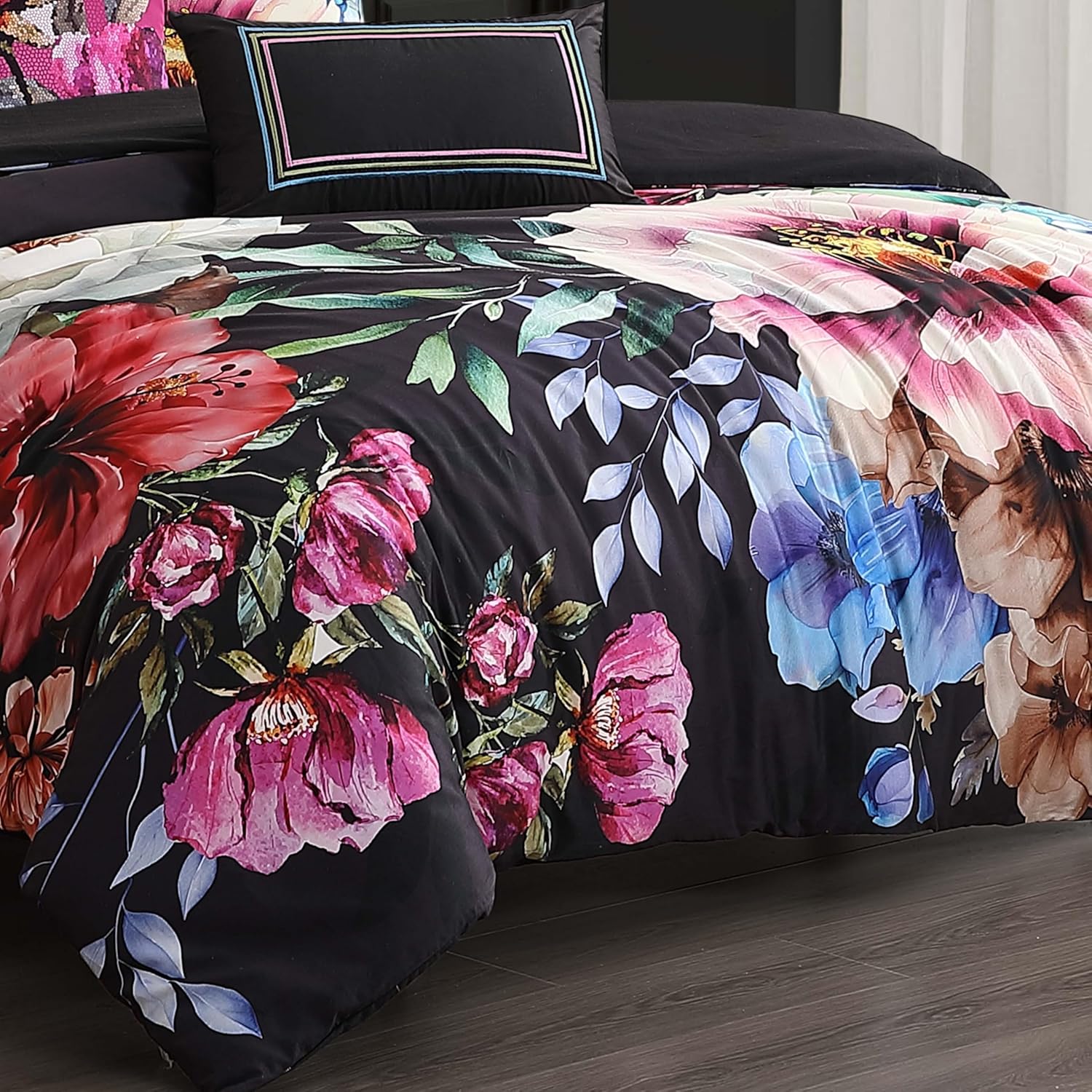 Bebejan Black Night Poppies 5 Piece Comforter Set, 100% Cotton Sateen, 220 Thread Count, Reversible Bedding Comforter Set, 1 Comforter, 2 Shams & 2 Pillows (King/Cal King)