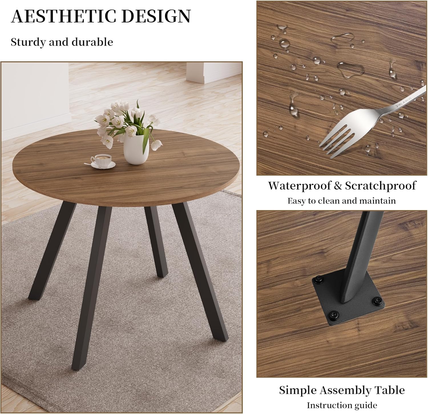 Zerifevni 34.6'' Round Dining Table and Chairs for 4 Space Saving for Apartment Kitchen Dining Room (Walnut Table+4 Grey Chairs)