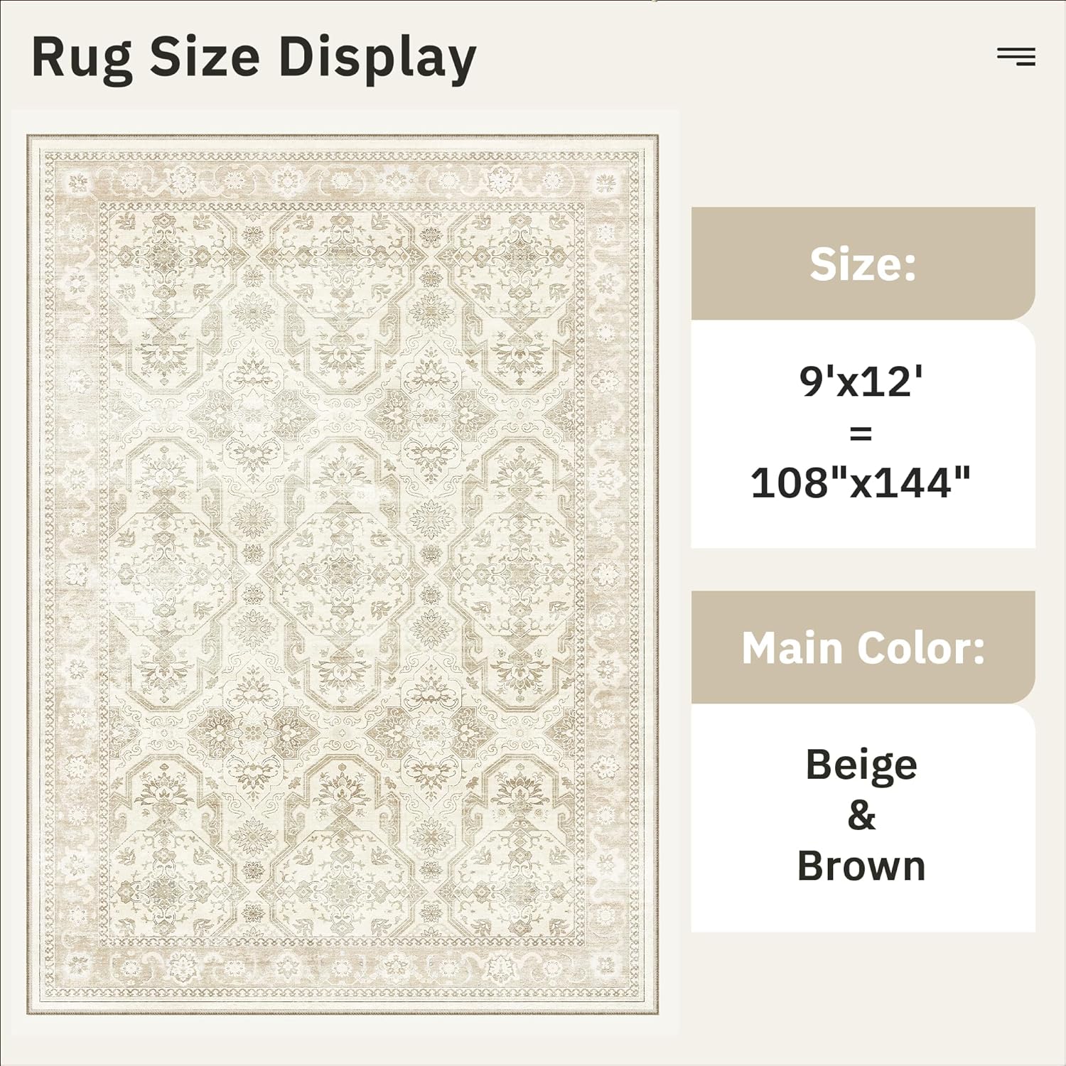 Soalmost 9x12 Area Rugs for Living Room, Non Slip Machine Washable Vintage Rugs, Low Pile Lightweight Large Rug for Bedroom, Dining Room, Home Office Beige/Brown