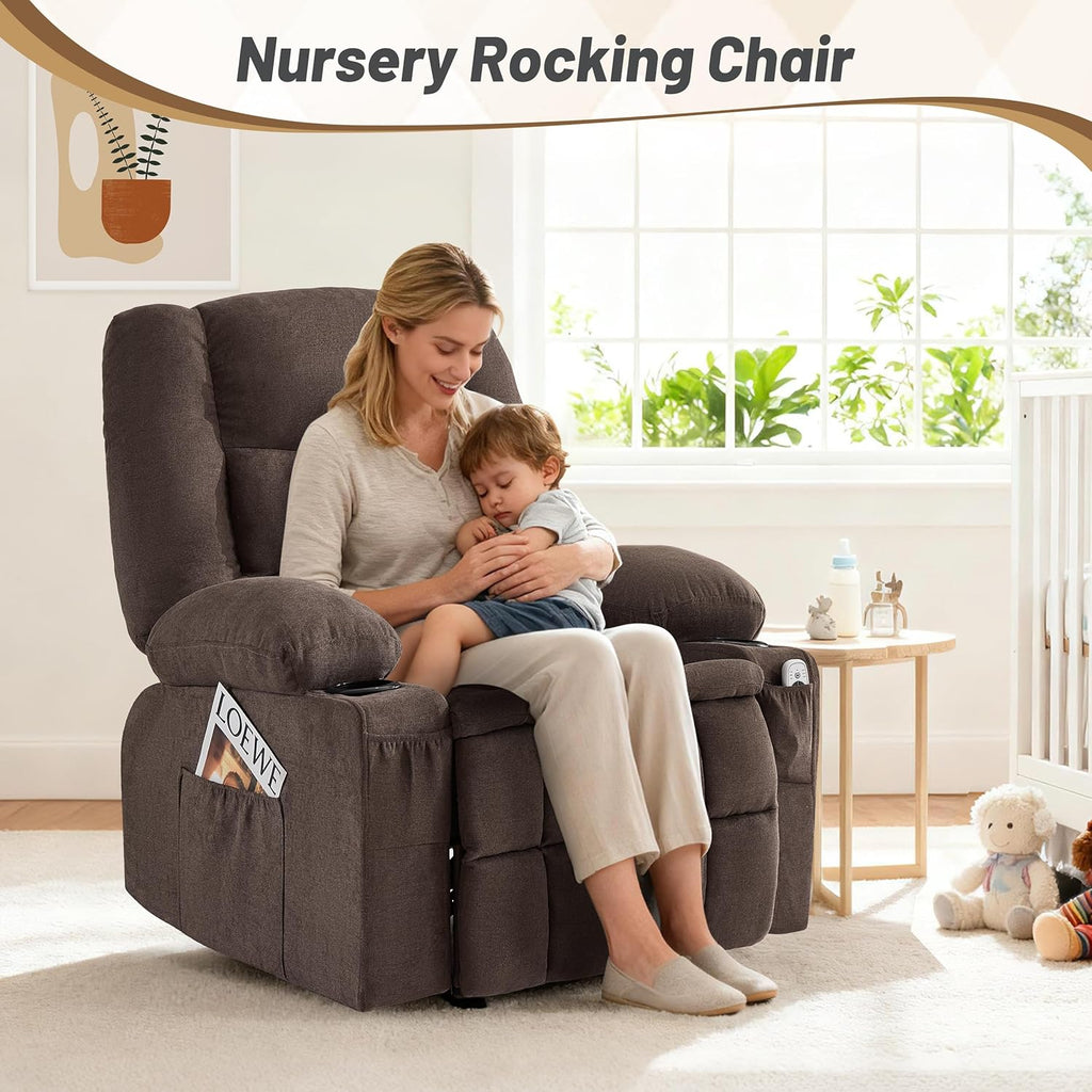 Rocker Recliner Chair with Massage and Heat, Nursery Rocking Chairs for Living Room, Ergonomic Comfy Relining Chair with Cup Holders, USB Charge Port, Side Pockets, Recliner Sofa, Brown