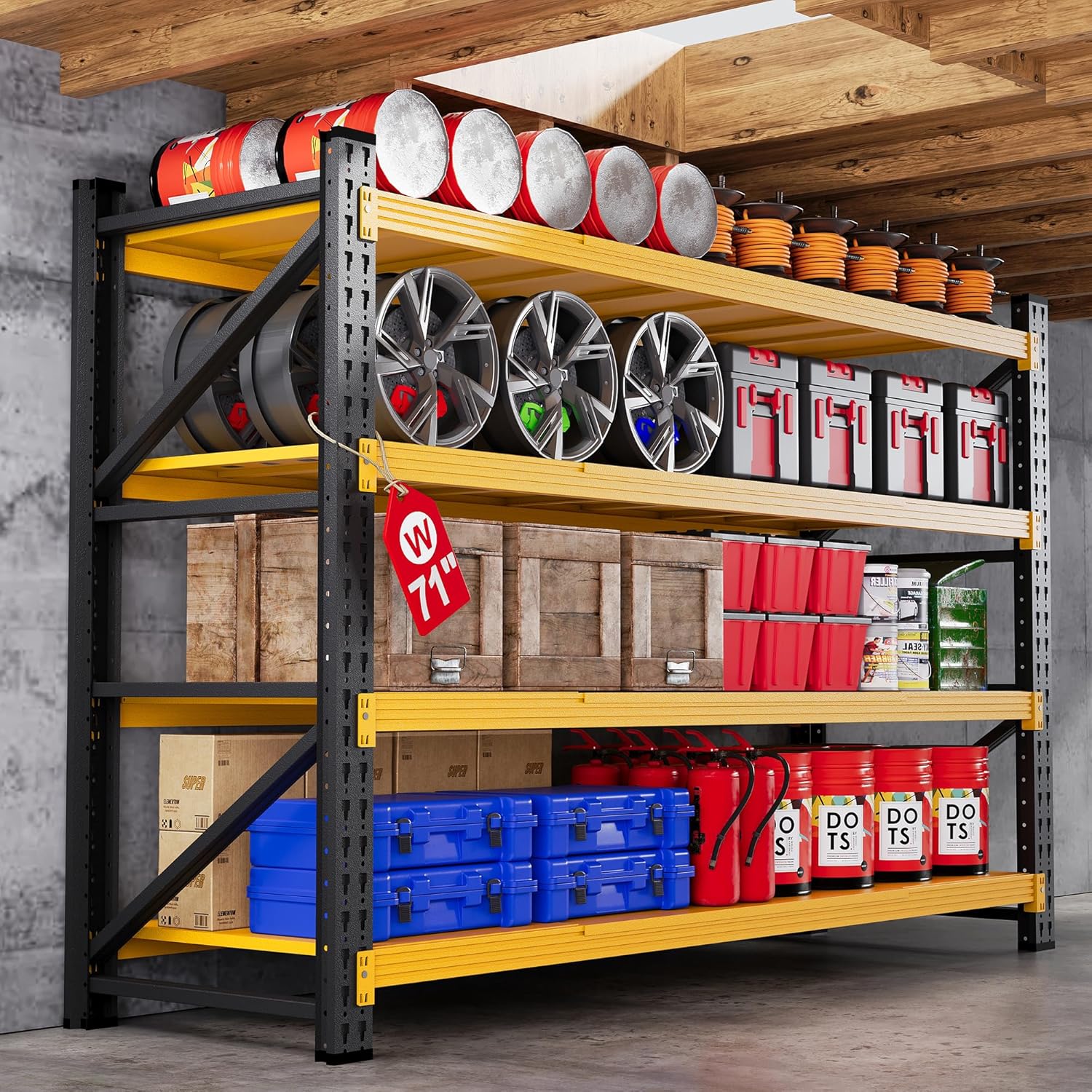 71”W Garage Shelving Units, 5000LBS Storage Shelves Heavy Duty, 24" Deep Metal Shelving Rack, 4 Tier Large Tall Industrial Shelving , Adjustable Standing Shelf for Warehouse / Shop 71"W x 24"D x 70"H