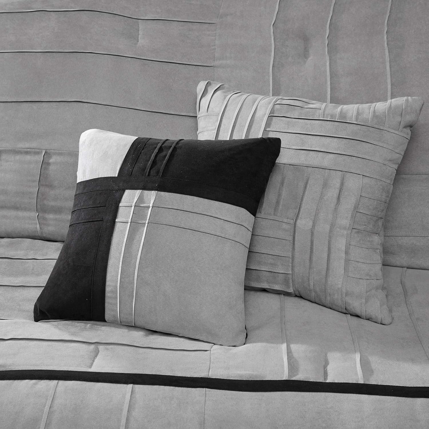 Madison Park Cozy Comforter Set Casual Blocks Design All Season, Matching Bed Skirt, Decorative Pillows, King(104"x92"), Dune Suede, Black Grey, 7 Piece