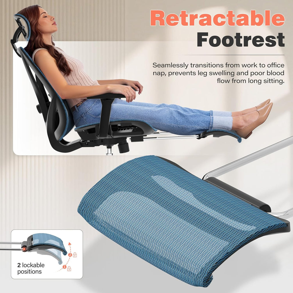 GABRYLLY Ergonomic Office Chair - 135° Reclining Desk Chair with Adjustable Lumbar Support, 3D Armrest, Large Headrest & Heavy Duty Steel Base, 300LBS Mesh Task Chair, Navy Blue