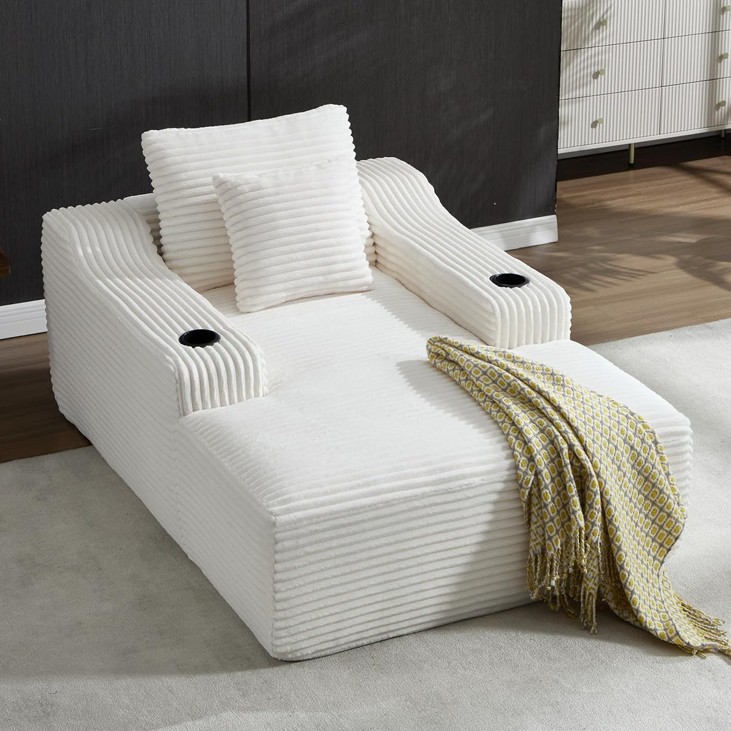 Chaise Lounge Chair Indoor, Cloud Sofa Bed with Cup Holders, Corduroy Upholstered Couch with 17.71" Seat High, Lazy Sofa Bed for Living Room Apart, Fully Assembled - White