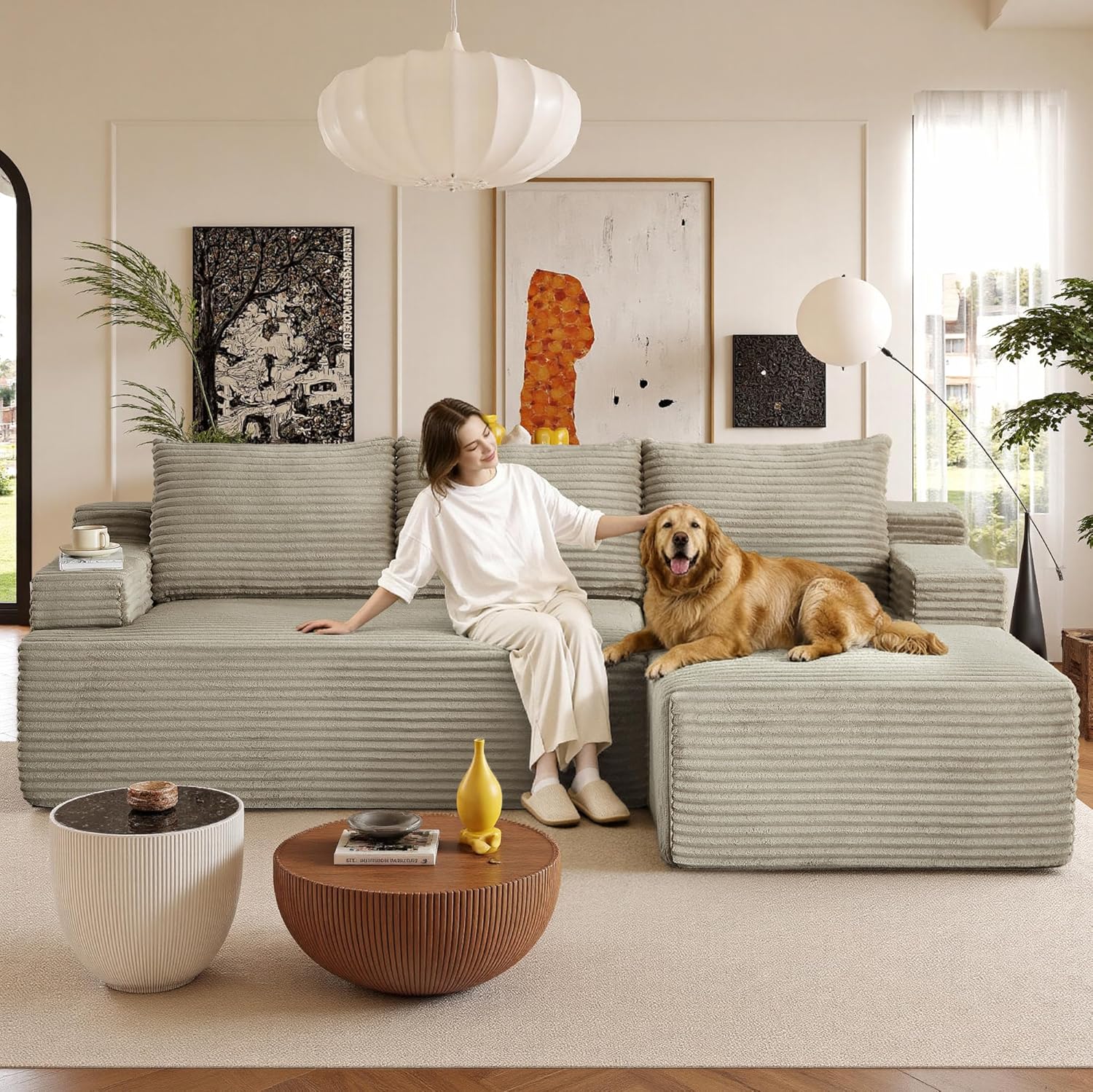 96" Sectional Couches for Living Room Cloud Couch Sofa with L-Shape Upholstered Boneless Couchs Modern Modular Sectional Couch with Chaise (Camel, 96" W+Right Facing Chaise+2Seaters)