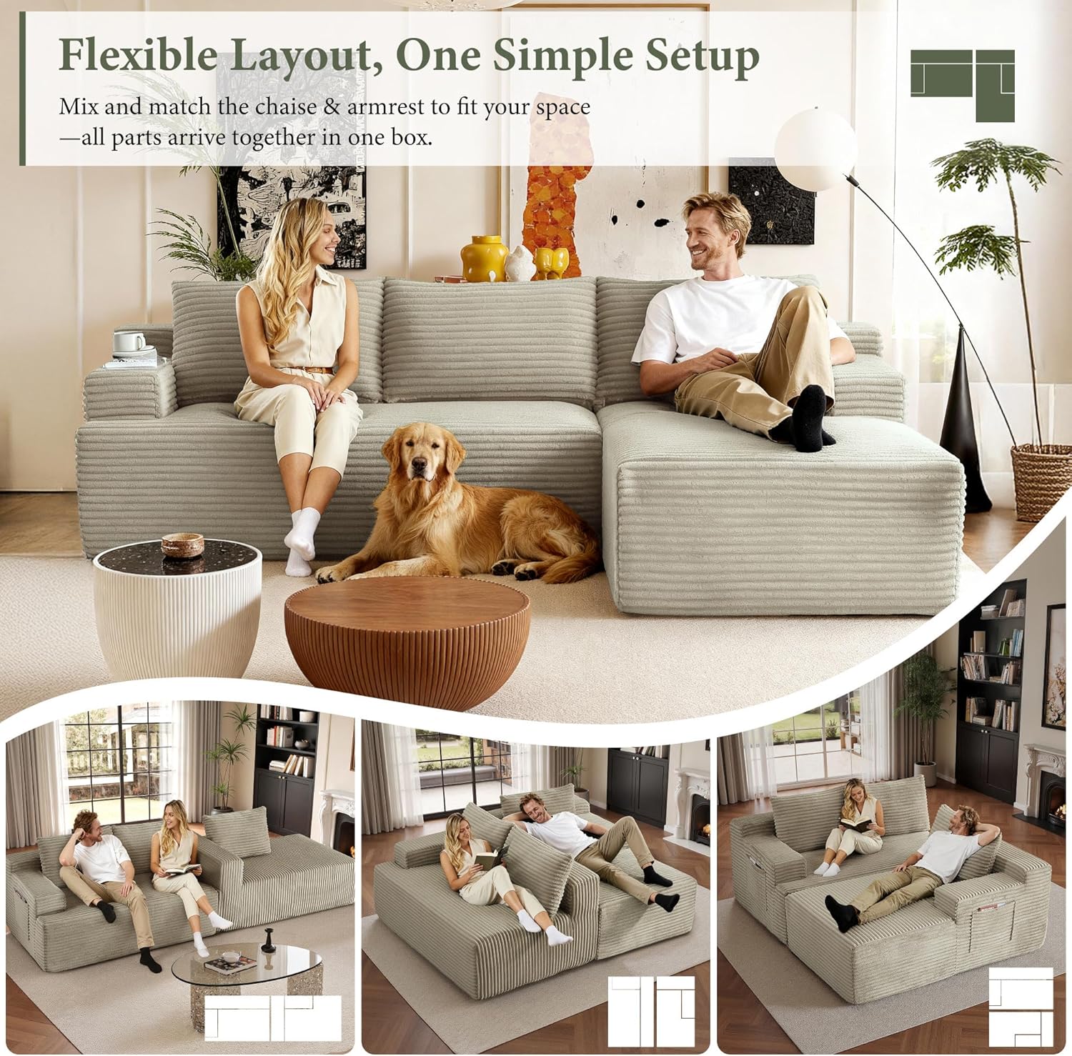 96" Sectional Couches for Living Room Cloud Couch Sofa with L-Shape Upholstered Boneless Couchs Modern Modular Sectional Couch with Chaise (Camel, 96" W+Right Facing Chaise+2Seaters)