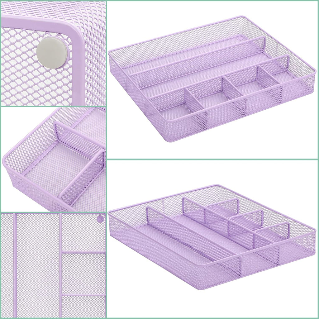 Annova Desk Top Organizer/Storage Tray - Metal Mesh with Dividers for Pens, Desktop Accessories, Bathroom, Kitchen, Makeup and Office Supplies (Large, Light Purple)