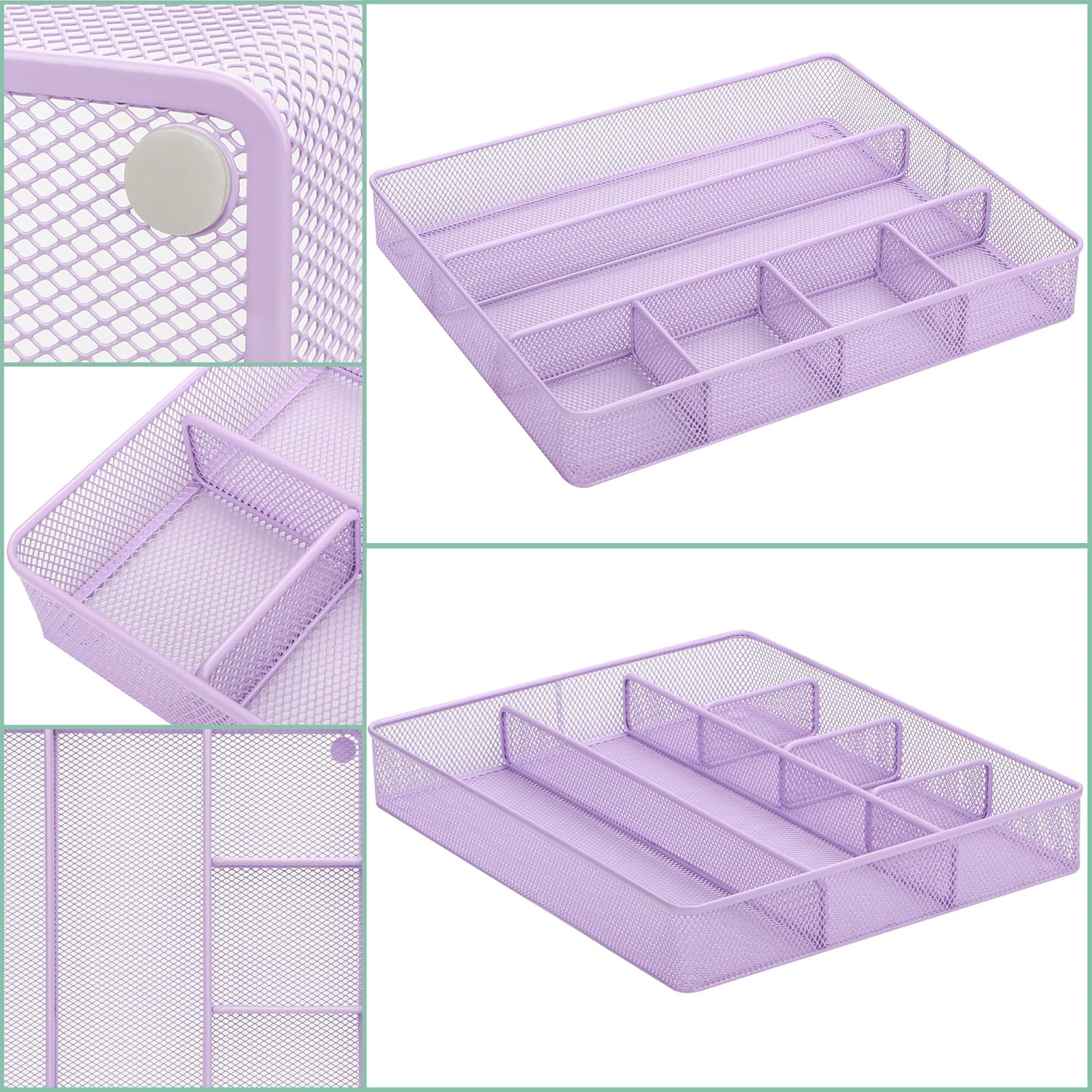 Annova Desk Top Organizer/Storage Tray - Metal Mesh with Dividers for Pens, Desktop Accessories, Bathroom, Kitchen, Makeup and Office Supplies (Large, Light Purple)