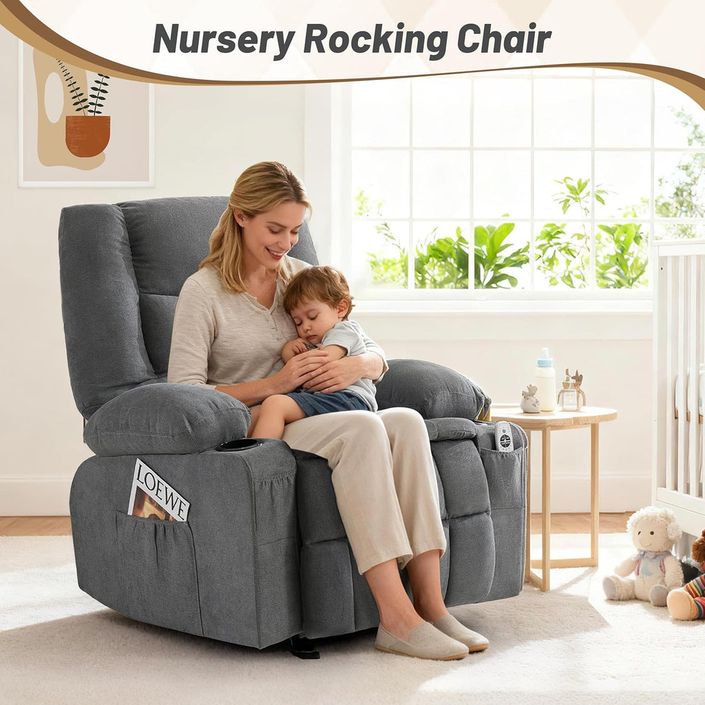 Rocker Recliner Chair with Massage and Heat, Recliner Chair for Adults, Nursery Rocking Chairs for Living Room, Ergonomic Comfy Relining Chair with Cup Holders, USB Charge Port, Side Pockets, Grey