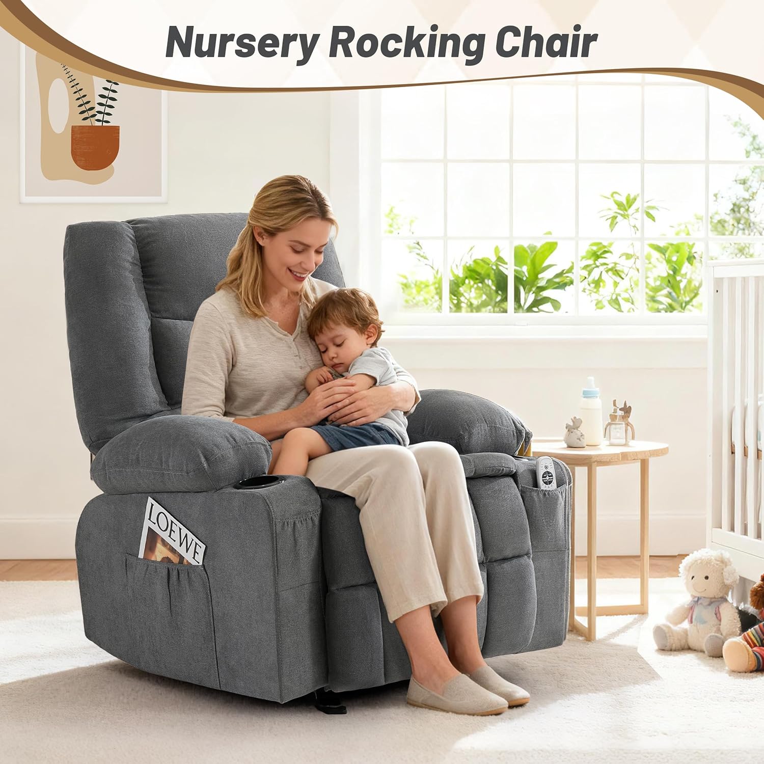 Rocker Recliner Chair with Massage and Heat, Recliner Chair for Adults, Nursery Rocking Chairs for Living Room, Ergonomic Comfy Relining Chair with Cup Holders, USB Charge Port, Side Pockets, Grey