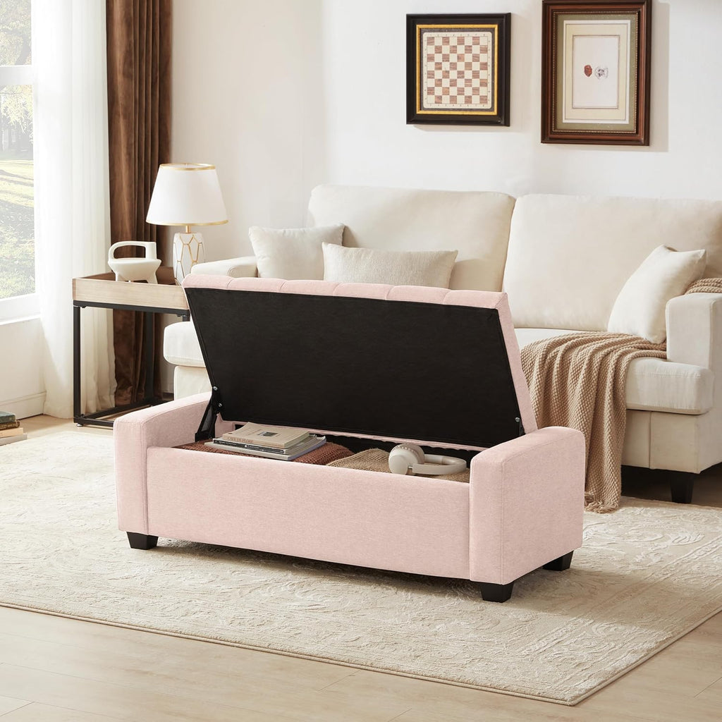 Huatean Home 48" Ottoman with Storage, Pink Storage Ottoman Bench with Safety Hinge, Upholstered Entryway Bench with Seating for Bedroom, Living Room, Holds up to 330 lb