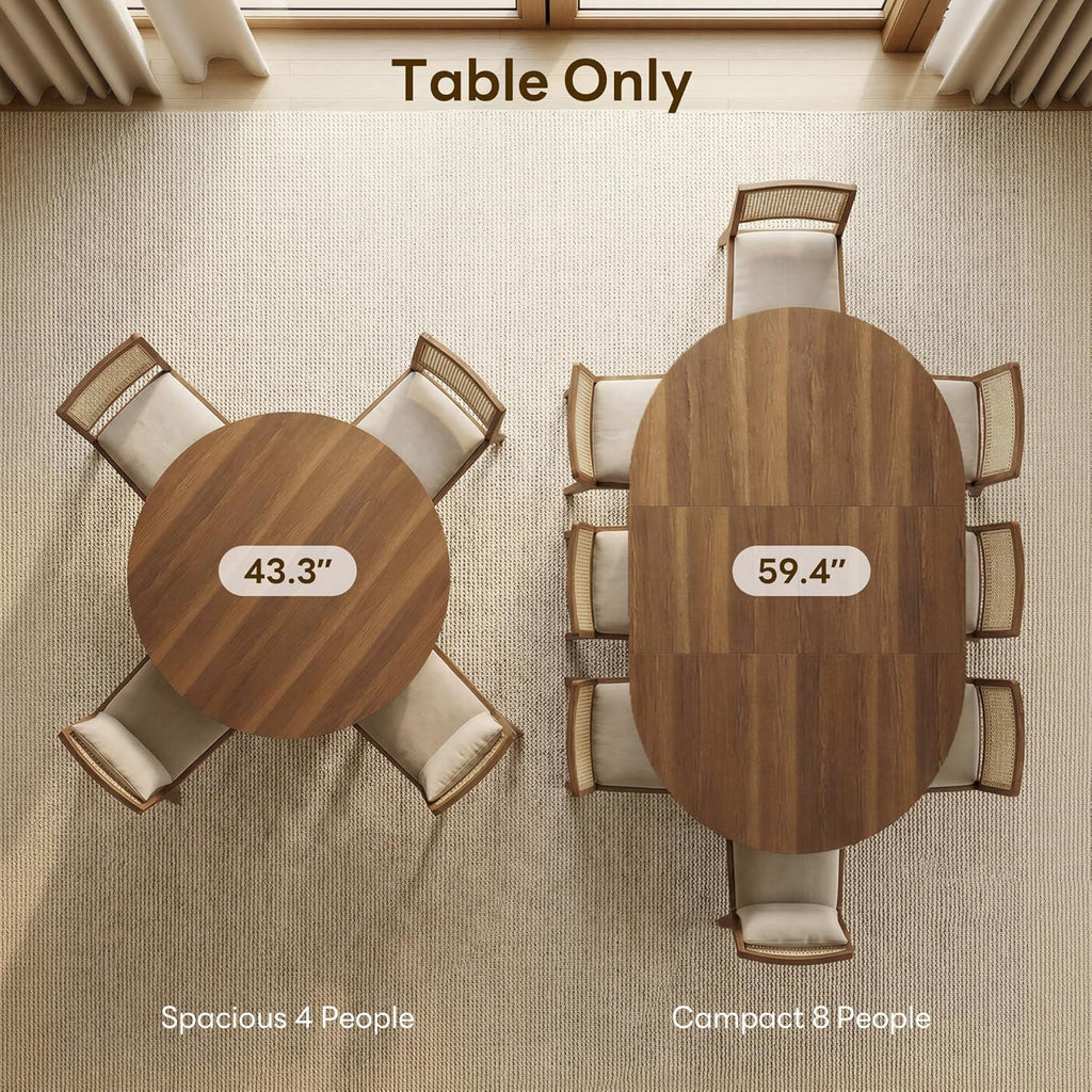 LIKIMIO 43"-59" Extendable Round Dining Table for 4-8, Transformer Oval Dining Room Table with Removable Leaves Space Saving, Wood Base Kitchen Table with Storage Shelf for Living Room, Walnut