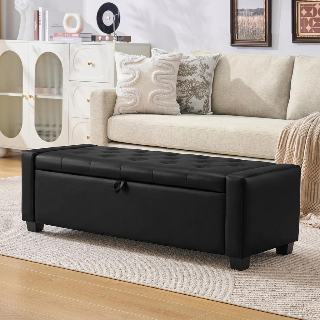 Huatean Home 48" Ottoman with Storage, Storage Ottoman Bench with Safety Hinge, Upholstered Entryway Bench with Seating for Bedroom, Living Room, Holds up to 330 lb, Light Black
