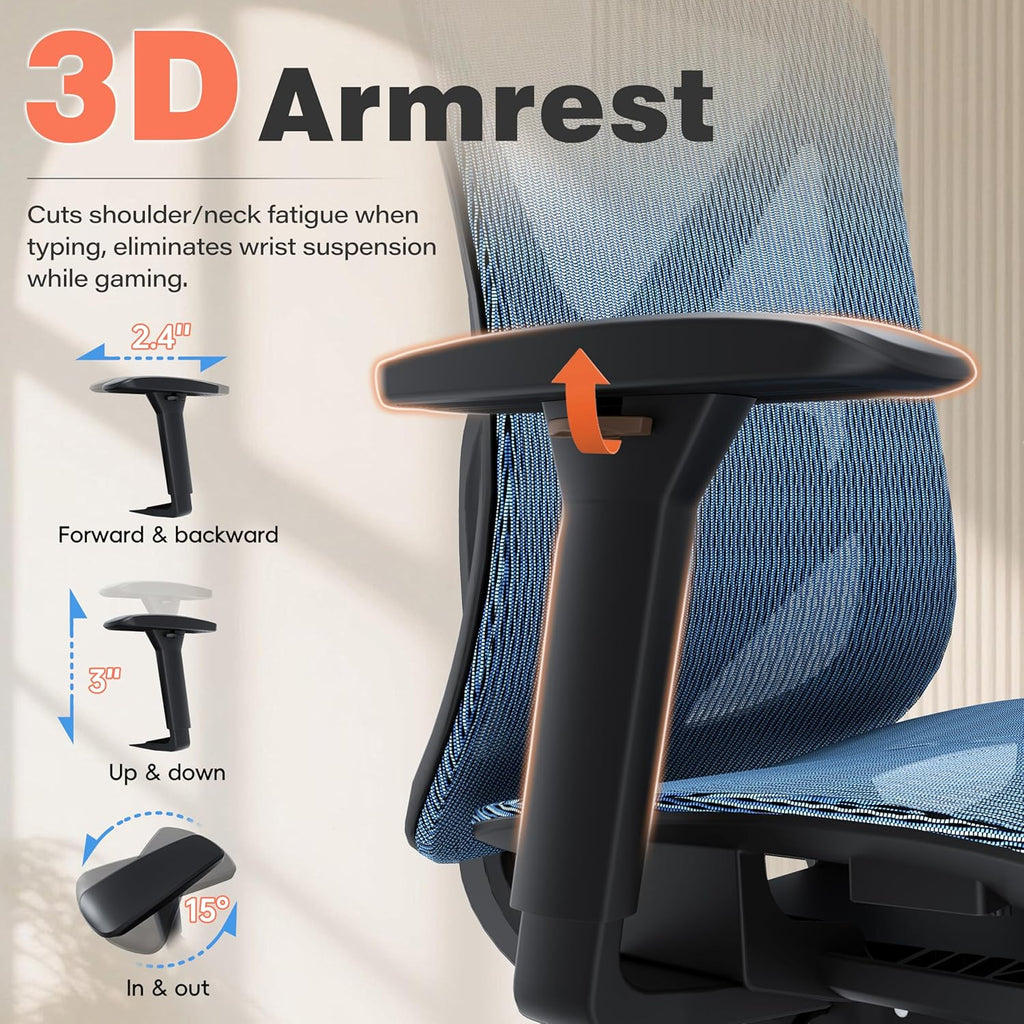 GABRYLLY Ergonomic Office Chair - 135° Reclining Desk Chair with Adjustable Lumbar Support, 3D Armrest, Large Headrest & Heavy Duty Steel Base, 300LBS Mesh Task Chair, Navy Blue