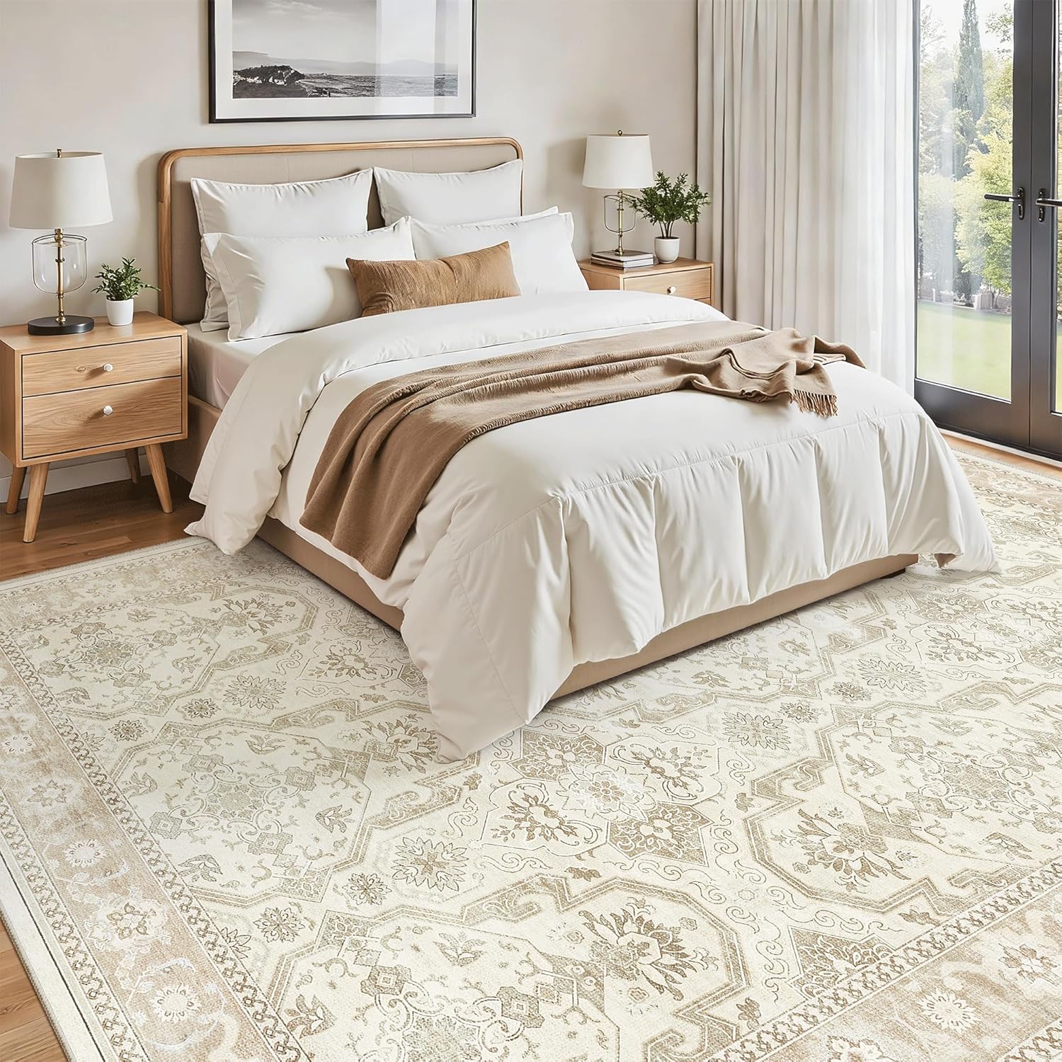Soalmost 9x12 Area Rugs for Living Room, Non Slip Machine Washable Vintage Rugs, Low Pile Lightweight Large Rug for Bedroom, Dining Room, Home Office Beige/Brown