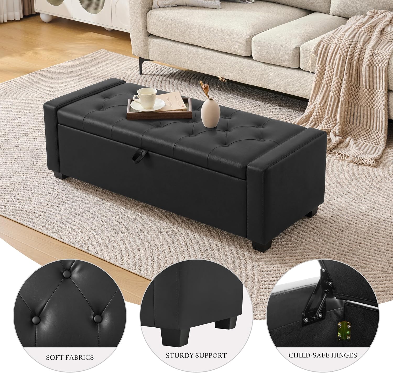 Huatean Home 48" Ottoman with Storage, Storage Ottoman Bench with Safety Hinge, Upholstered Entryway Bench with Seating for Bedroom, Living Room, Holds up to 330 lb, Light Black
