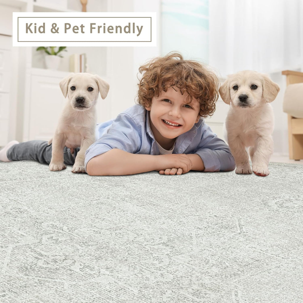 Srugn Washable Rugs 5x7 Area Rugs for Living Room,Bedroom,Large Carpets,Ultra Soft Faux Wool Retro Dining Room Rug,Non Slip&Non-Shedding Low Pile Vintage Rugs for Home Office,Concrete Grey