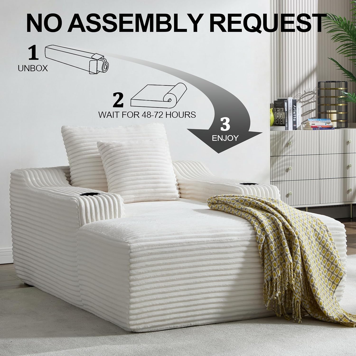 Chaise Lounge Chair Indoor, Cloud Sofa Bed with Cup Holders, Corduroy Upholstered Couch with 17.71" Seat High, Lazy Sofa Bed for Living Room Apart, Fully Assembled - White