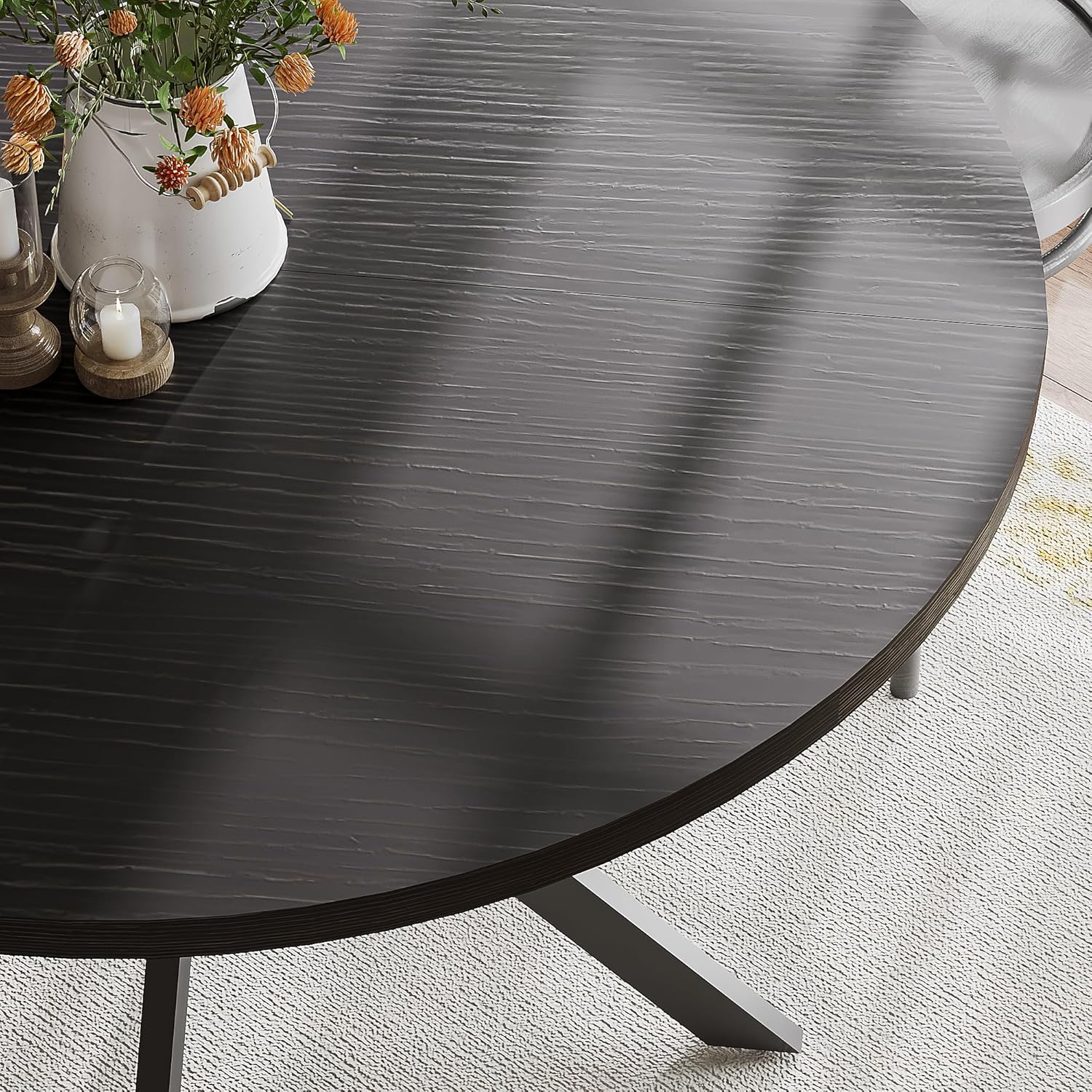 ChooChoo 47.2 Inch Round Dining Table for 4, Farmhouse Wood Kitchen Table, Circle Dinner Table for Kitchen & Dining Room, Black
