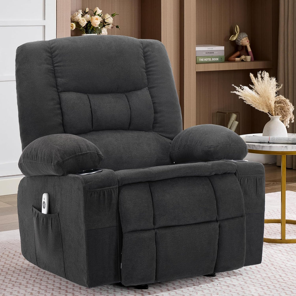 Rocker Recliner Chair with Massage and Heat, Nursery Rocking Chairs for Living Room, Recliner Chair for Adults, Ergonomic Comfy Relining Chair with Cup Holders, USB Charge Port, Side Pockets, Black