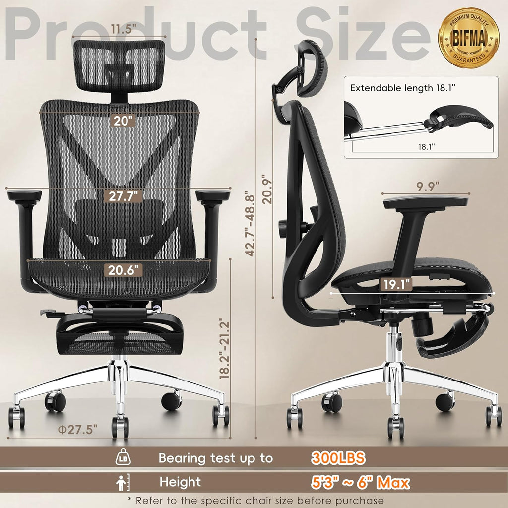 GABRYLLY Ergonomic Office Chair with Footrest, 135° Reclining Desk Chair with Adjustable Lumbar Support,3D Armrest,Headrest & Large Steel Base, 300LBS Heavy Duty Mesh Chair