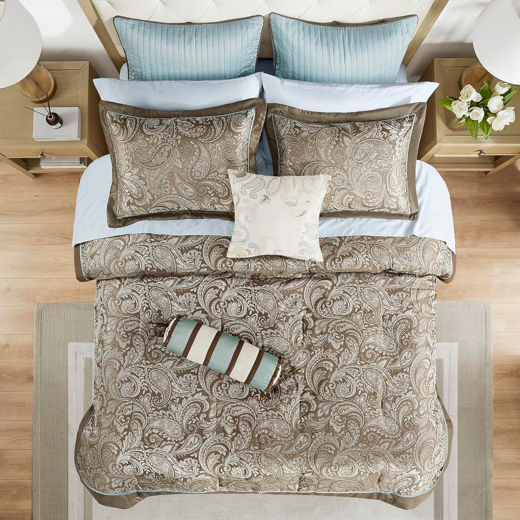 Madison Park Aubrey Cozy Comforter Set, Faux Silk Jacquard Paisley Design - All Season Down Alternative Bedding with Cotton Bed Sheets, Bed Skirt & Toss Pillows, Queen Blue 12 Piece