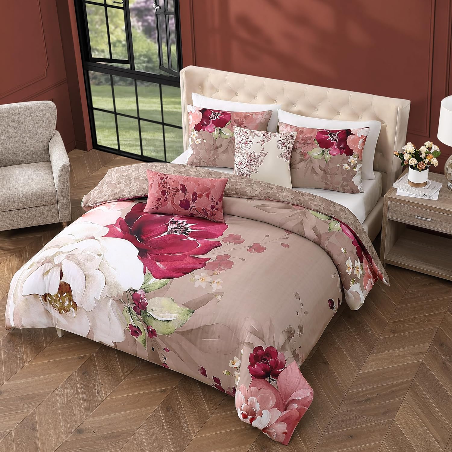Bebejan Florence 5 Piece Comforter Set, 100% Cotton Sateen, 220 Thread Count, Brown Reversible Bedding Comforter Set, 1 Comforter, 2 Shams & 2 Pillows (King/Cal King)
