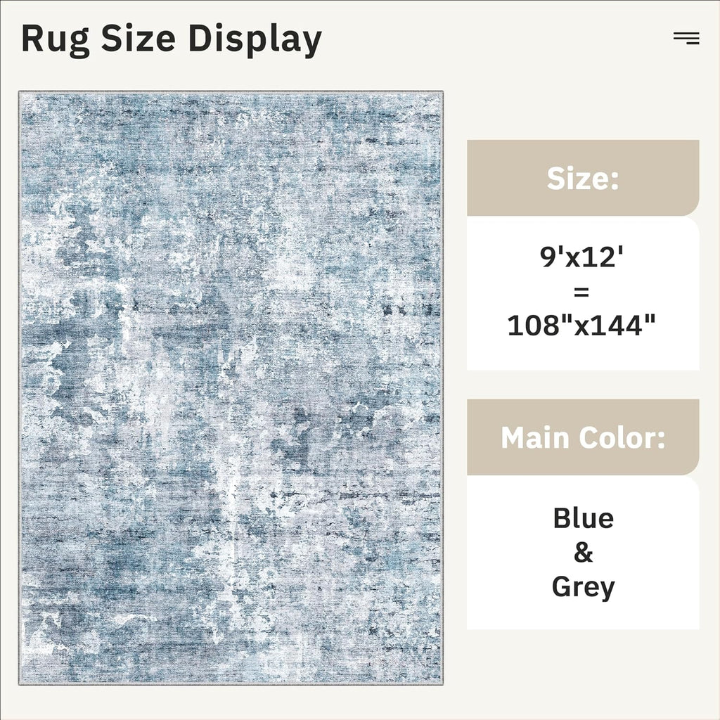 Soalmost 9x12 Area Rugs for Living Room, Abstract Non Slip Machine Washable Vintage Rugs, Low Pile Lightweight Large Rug for Bedroom, Dining Room, Home Office Blue