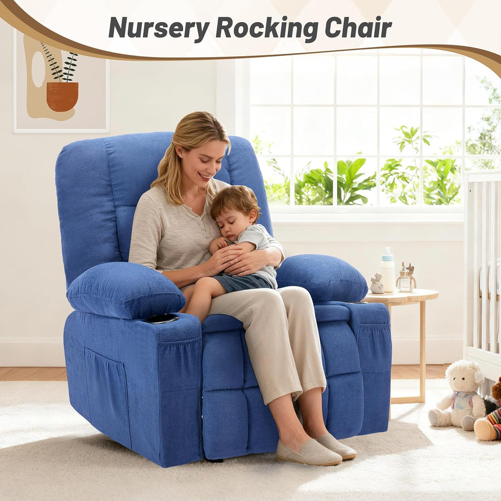 Rocker Recliner Chair with Massage and Heat, Nursery Rocking Chairs for Living Room, Ergonomic Comfy Relining Chair with Cup Holders, USB Charge Port, Side Pockets, Recliner Sofa, Blue